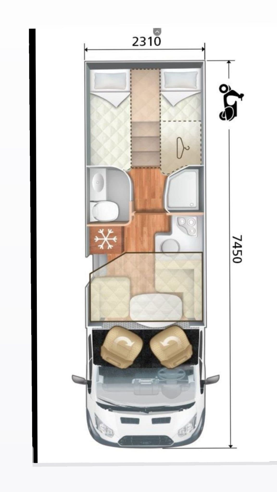 Nákres karavanu s rozložením interiéru